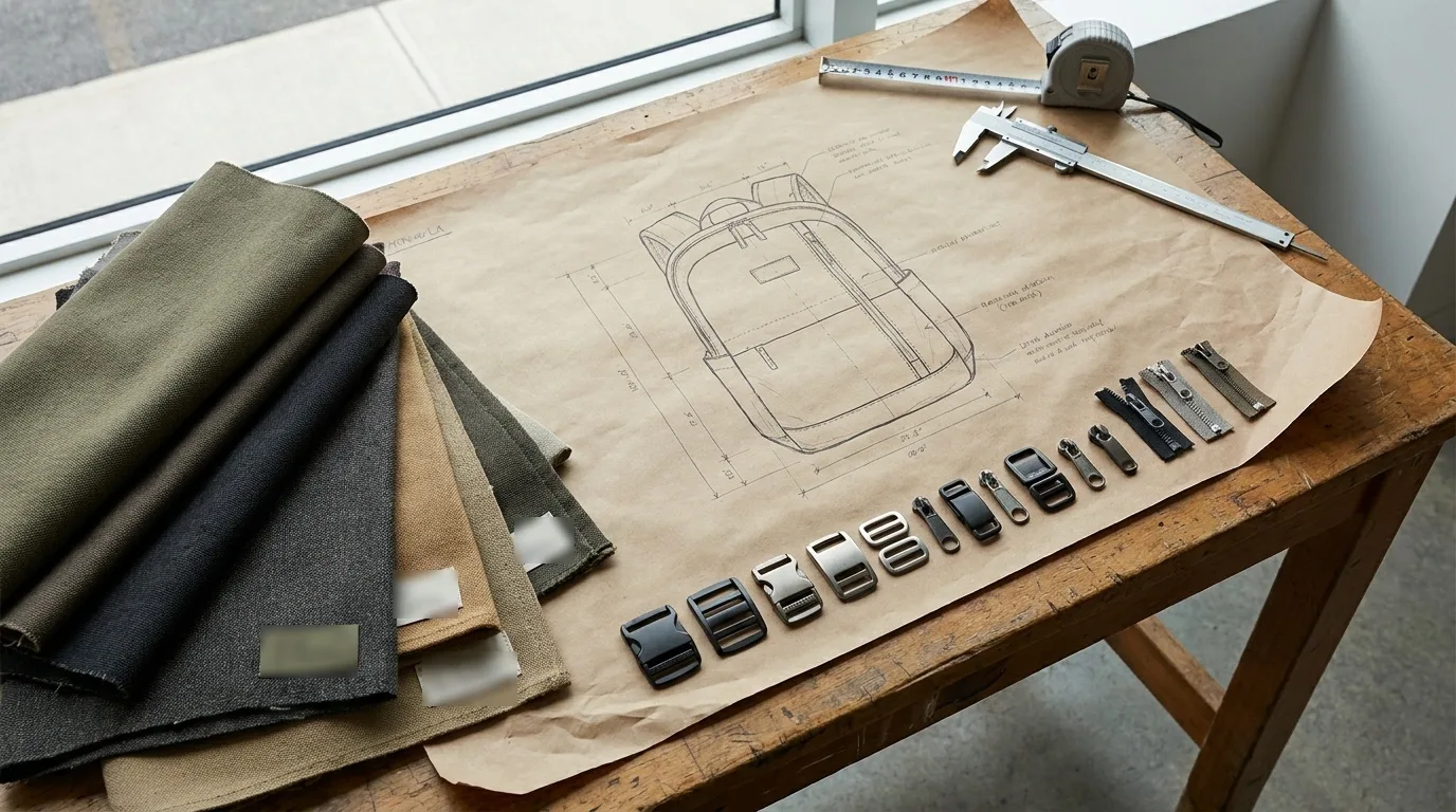 Technical drawings, fabric swatches, and hardware samples laid out on a sample bench for a soft goods production run
